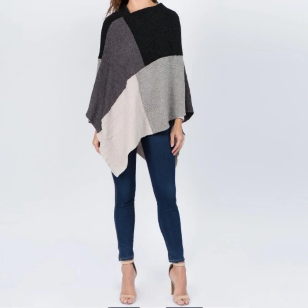 36 Boho chenille knit color block poncho. - Picture 1 of 4